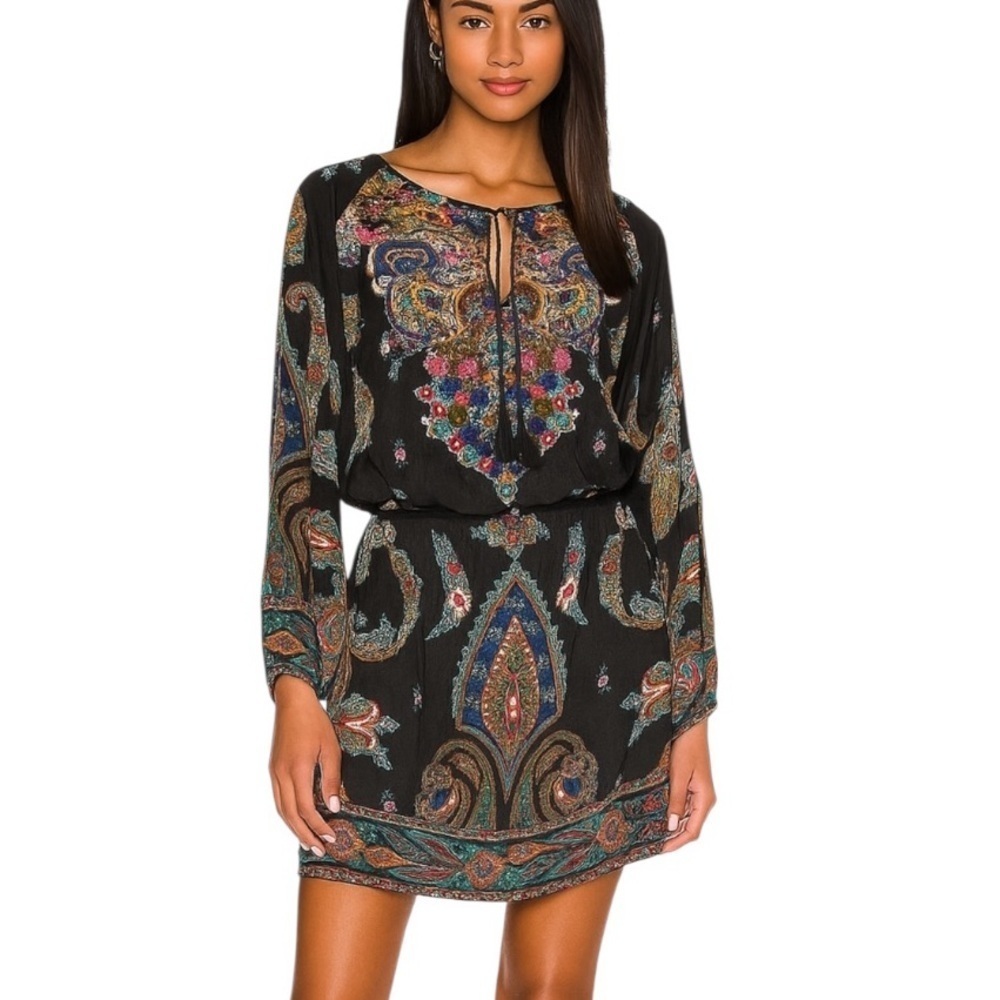 Anthropologie Tolani Embroidered Boho Long Sleeve Mini Dress Black Size S
